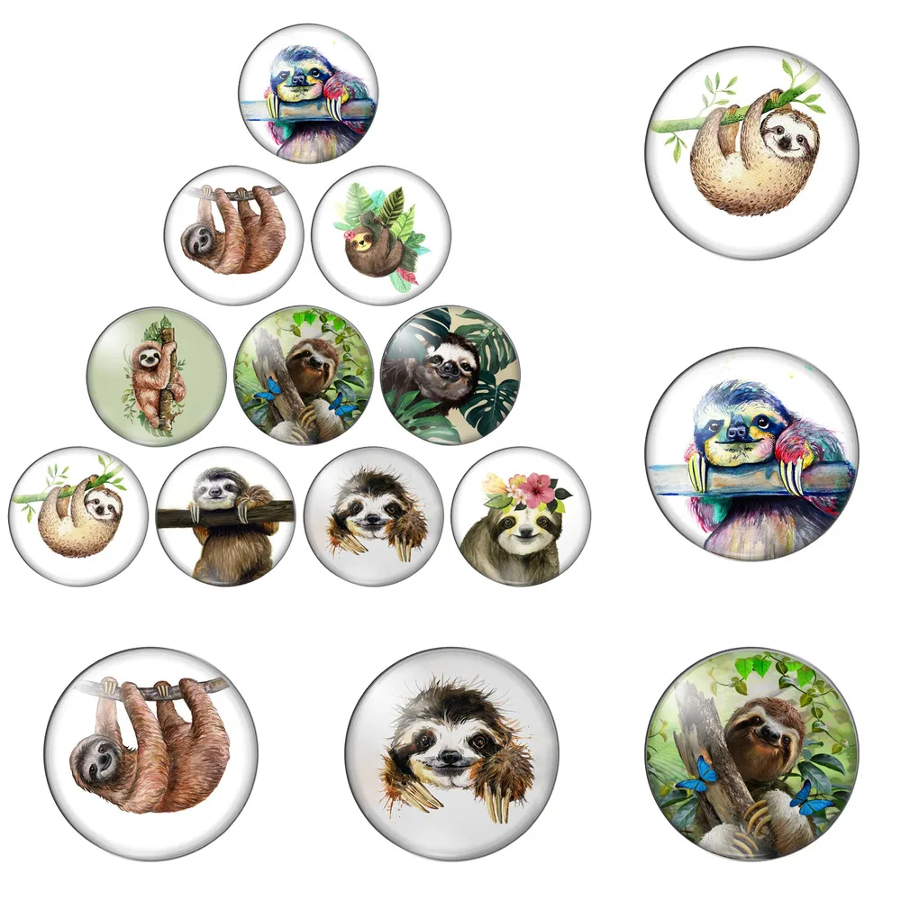 

12pcs/lot Cute Sloth Animal Painting Funny Bradypod 8mm-30mm Round Photo Glass Cabochon Demo Flat Back Making Findings