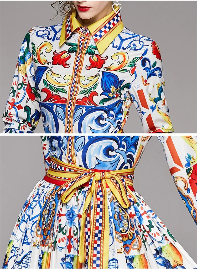 

High Quality Designer Long Sleeve Turn-down Collar Maxi Dress Vintage Blue and white porcelain Print Pleated Holiday Party Robe