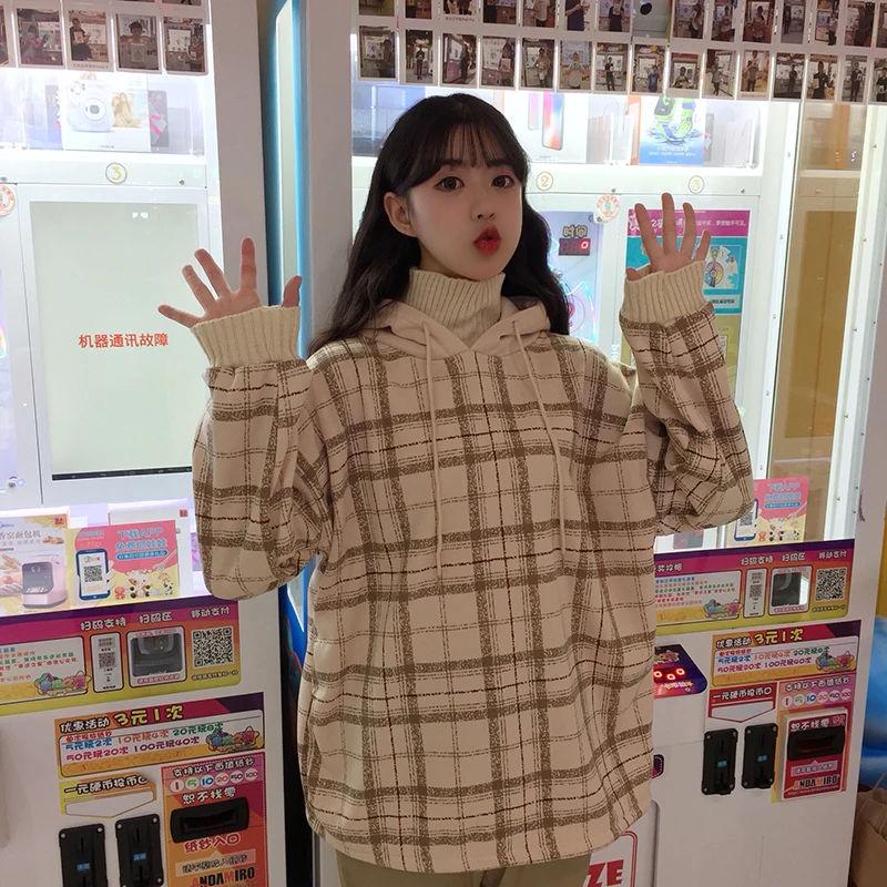 Harajuku флисовые кофты Женские клетчатые водолазки толстовки женские с длинным рукавом Повседневные Большие размеры пуловер с капюшоном одежда толстовка