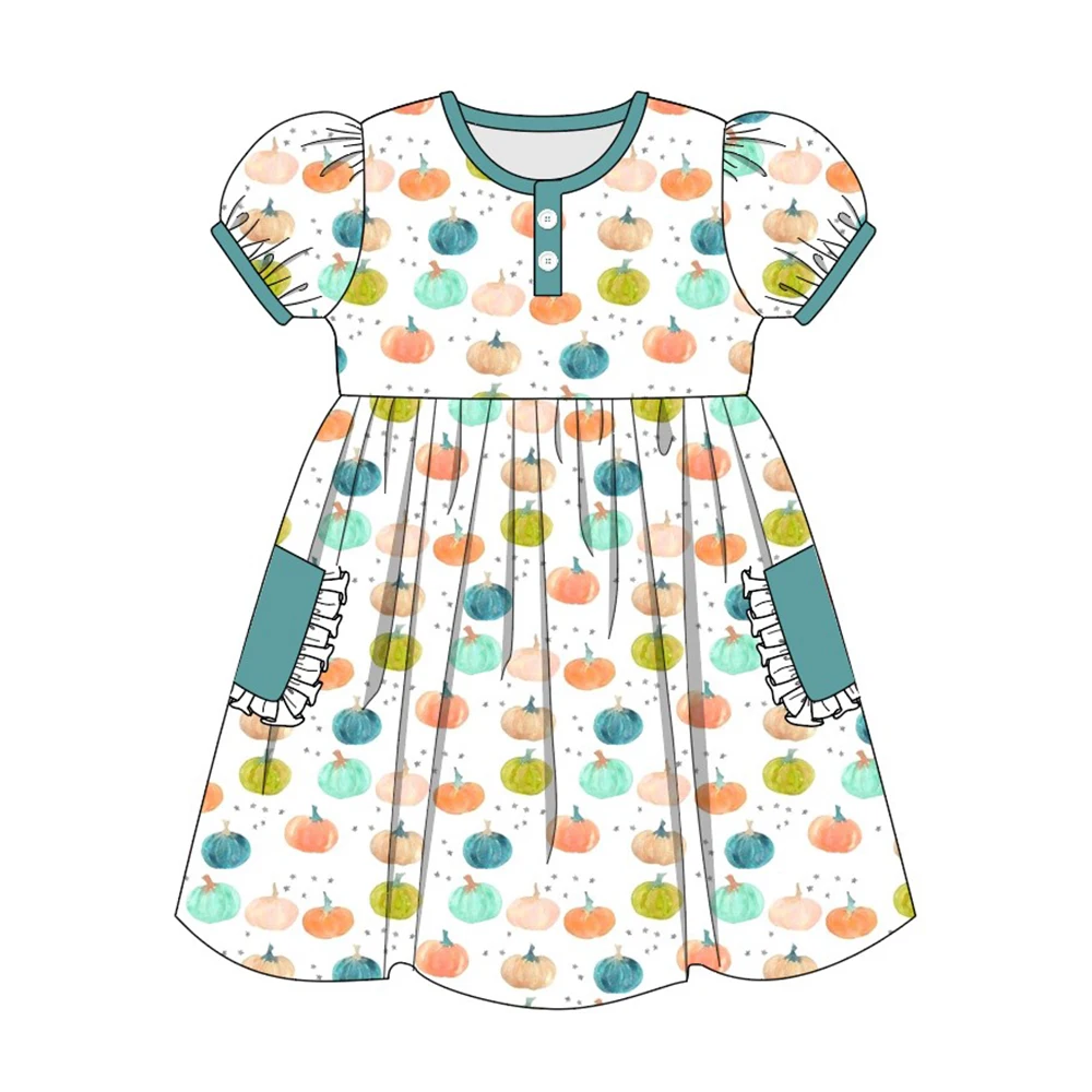 

Summer Girls Clothes White Short Sleeve Green Pocket Skirt Halloween Colorful Pumpkin Print Pattern Girl Dresses