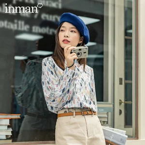 Рубашка INMAN женская с цветочным принтом, винтажная блузка на пуговицах, с отложным воротником и длинным рукавом, с отложным воротником, для молодежи, Осень-зима