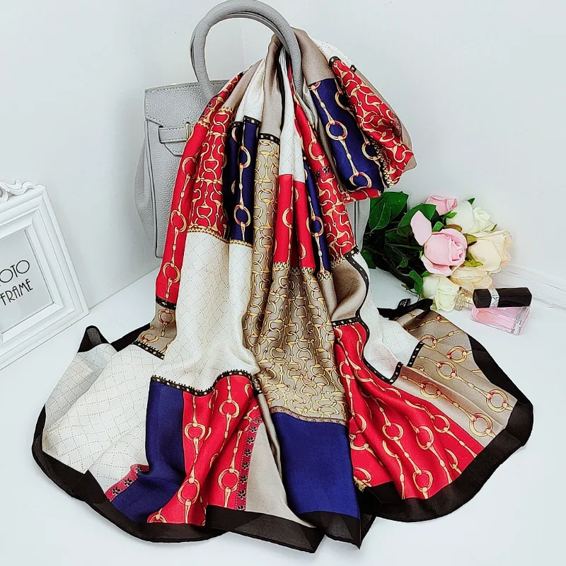 

2021 Summer 180X90CM Scarves Luxury Dustproof Bandana Korean Style Print Silk Scarf Chain Shawl Fashion High-Grade Beach Towel