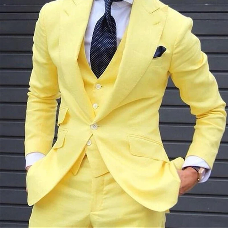 Yellow Slim Fit Prom Suits for Men 3 Piece Set Jacket with Pants Vest Latest Coat Casual Design Male Fashion Smoking Clothes | Мужская