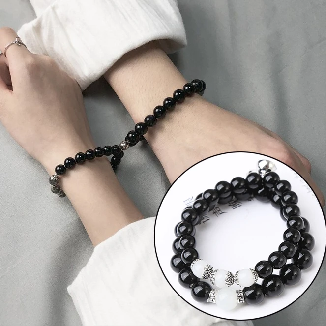 

2pcs /set Lovers Bracelet Charm Magnetic Couple Bracelets for Friend Obsidian Stone Beads Bracelet Bracelet Magnet Jewelry Gift