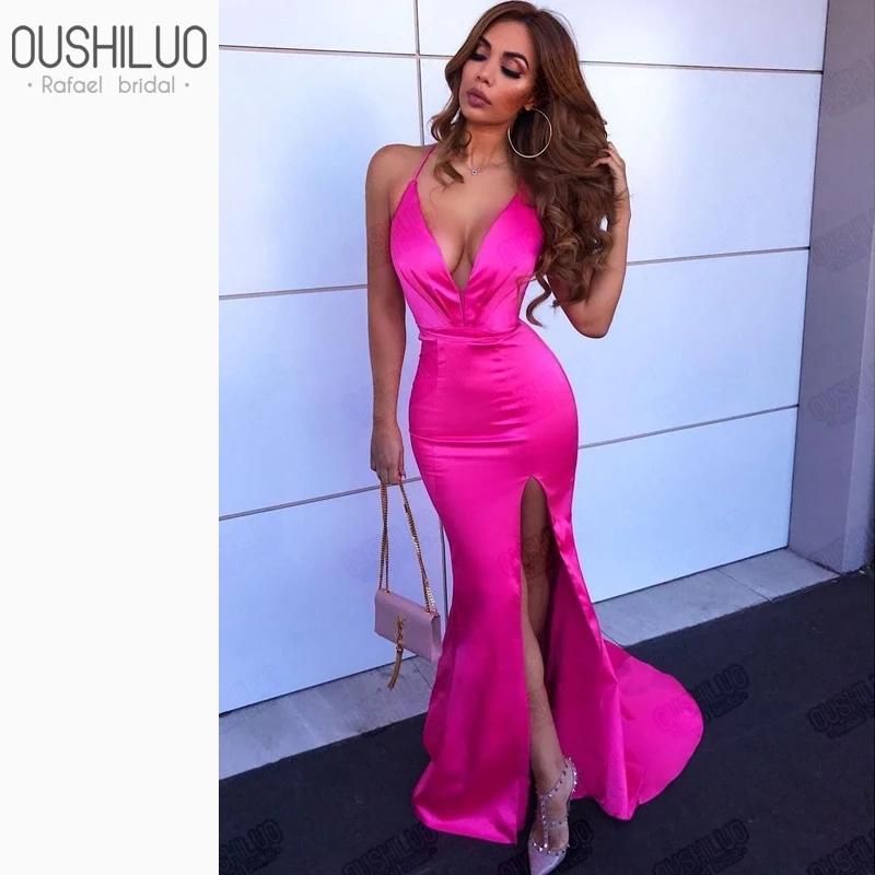 Пикантная фуксия Стретч атласный Русалка вечернее платье с большим разрезом V