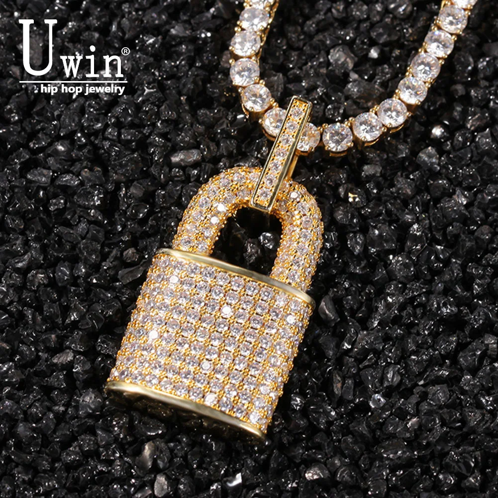 

Uwin Lock Pendant Statement Necklace Charm Cubic With Tennis Chain Men Women Vintage Hip Hop Chains For Jewelry