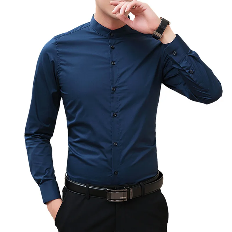 

2021 Men Business Casual Leisure Slim Fit Simple Korean Style Solid Color Stand Collar Shirt Male Long Sleeve Tops Blouses
