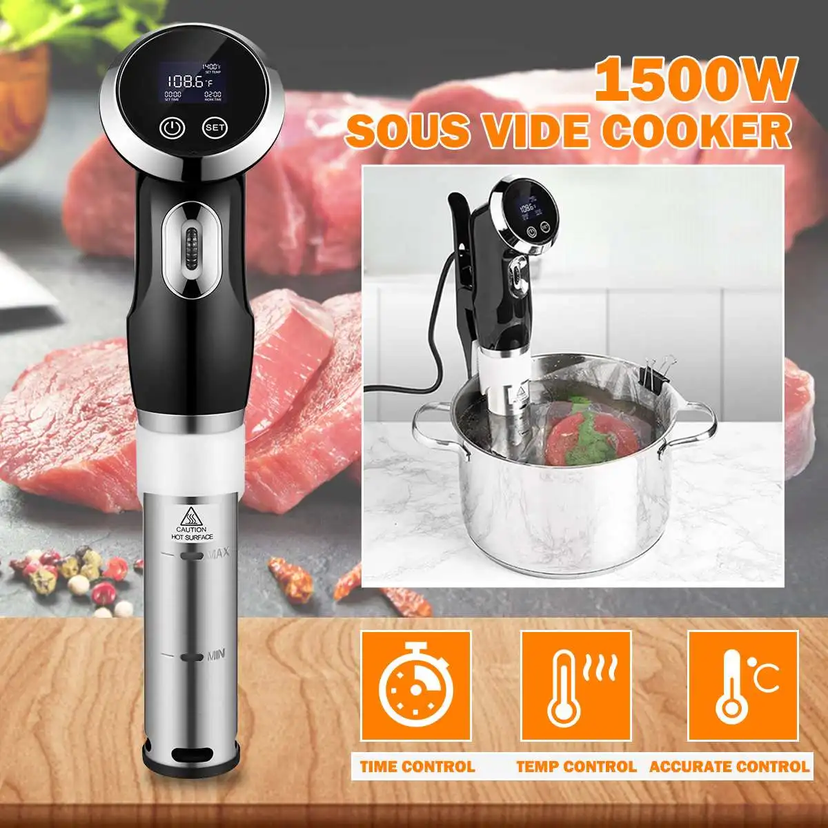 

1500W Vacuum Slow Sous Vide Food Coer ful Immersion Circulator LCD Digital Timer Display Stainless Steel EU Plug Black