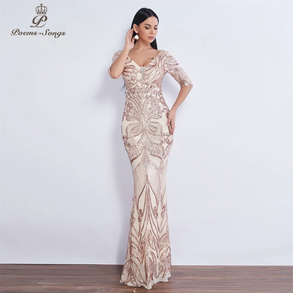 Half sleeve Butterfly style Sequin Evening dress vestido de festa formal mermaid vestido de noche robe de soiree prom dress
