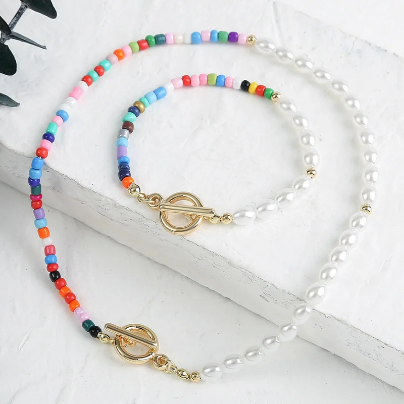 

Origin Summer Boho Multicolor Faux Pearl Beaded Chokers Necklace for Women Asymmetry Polymer Clay Toggle Clasp Necklace Jewelry