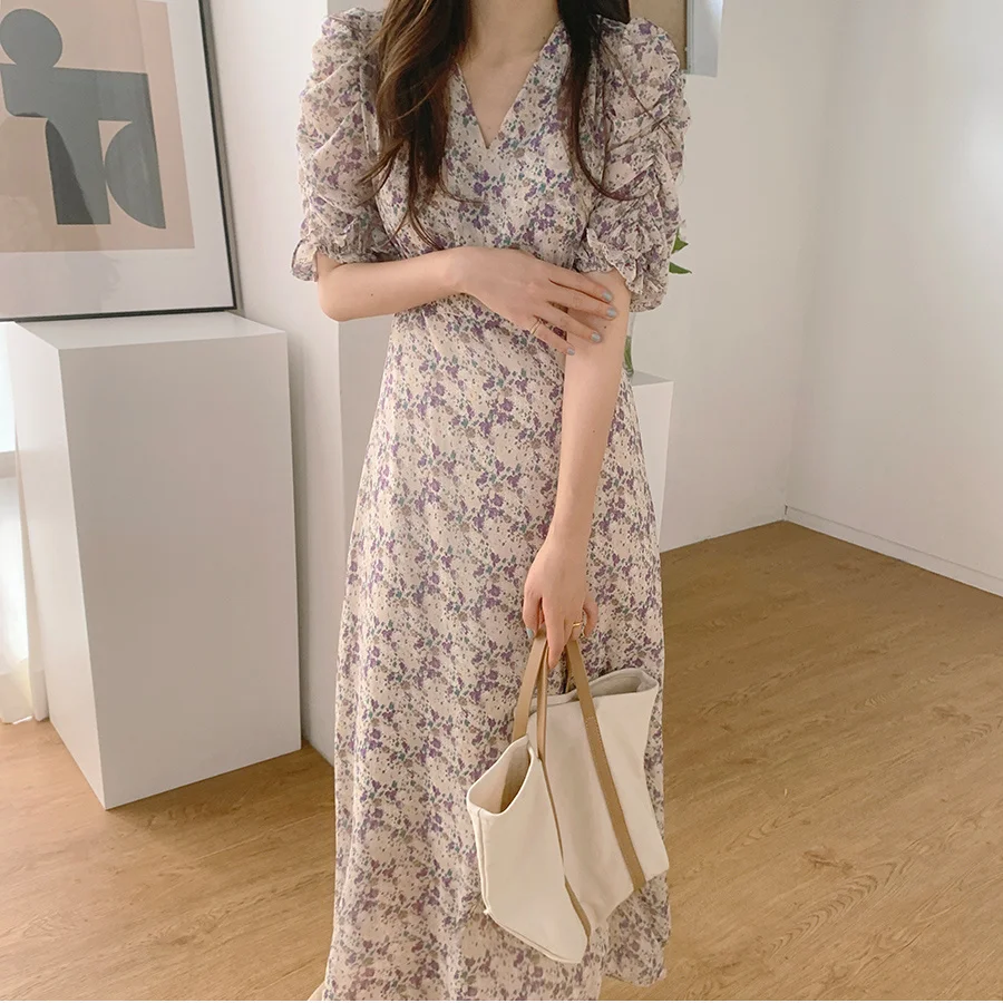 

2021 New Korean Style Design Retro V-neck Mid-Length Waist Floral Chiffon DressRachel