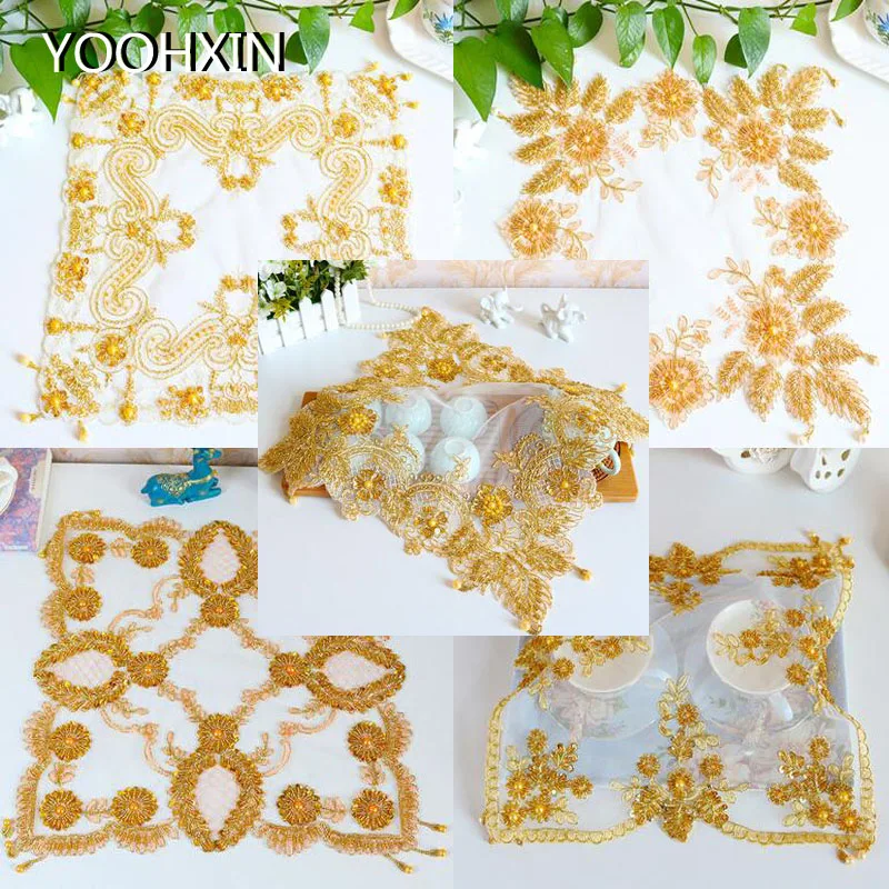 Роскошный кружевной коврик с вышитыми золотыми бусинами тканевый чашка салфетки