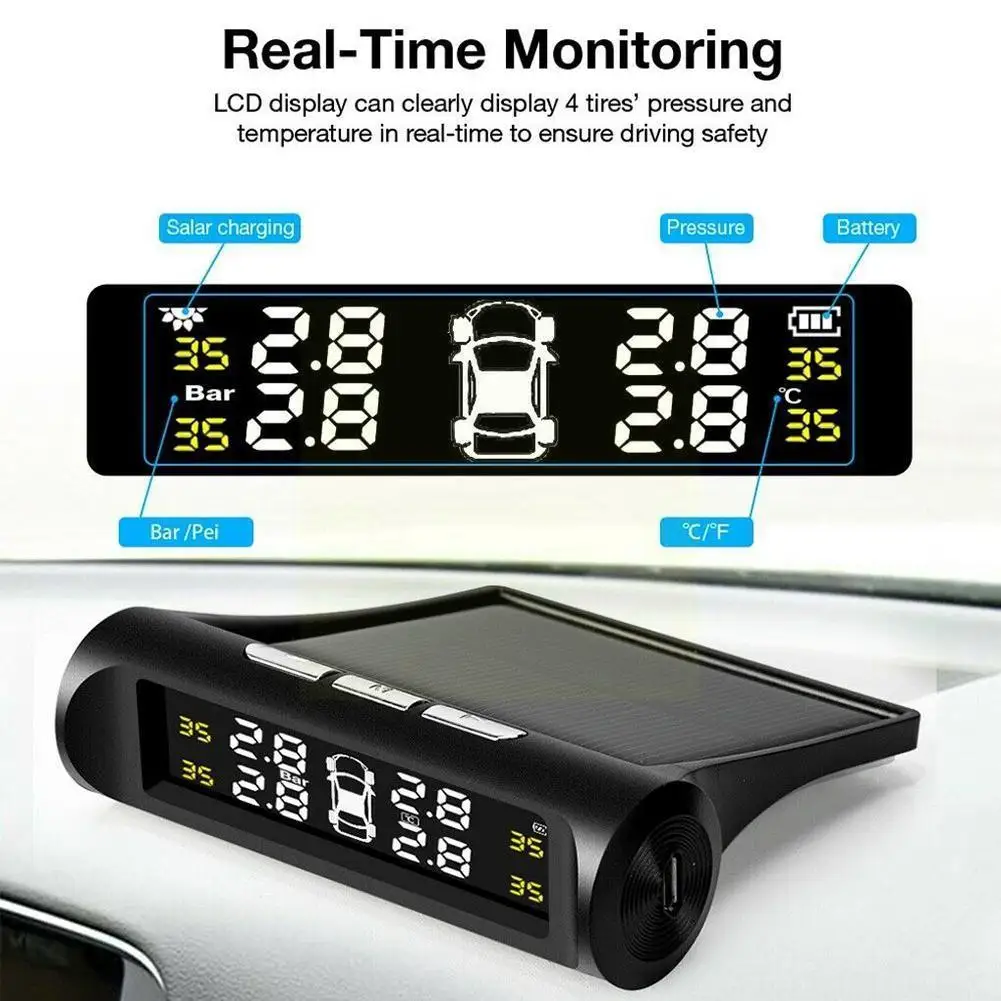 

TPMS Solar Power TPMS Car Tire Pressure Alarm Auto System Monitoring System Display Security Pressure Crystal LCD Tyre I5E2