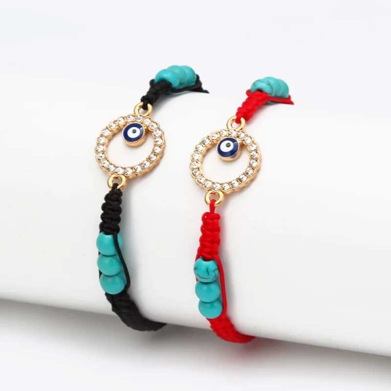 

MOFLO Handmade Woven Devil Eyes Bracelet Adjustable Turquoise Bead Crystal Round Hand Cross Evils Eye Bracelet