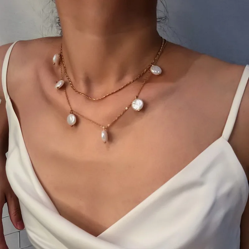 

2021 latest fashion double layer special-shaped pearl clavicle chain wild multi-layer necklace sexy neck chain female wholesale