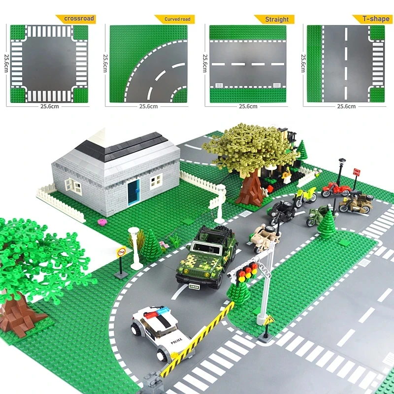 

City Road Green Street Baseplate Straight Crossroad Curve Splicing Baseboard Sets DIY Creator Bricks Base Plate Building Blocks