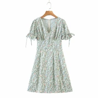 elegant puff sleeve v neck printed dress womens 2021 new summer green floral short sleeve lace up a line short dresses fashion