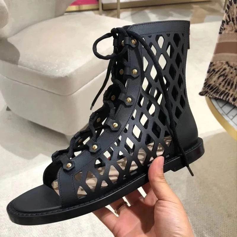 

Newest Hollow Ankle Boots Women Open Toe Lace Up Flat Shoes Woman Sexy Summer Gladiator Sandals