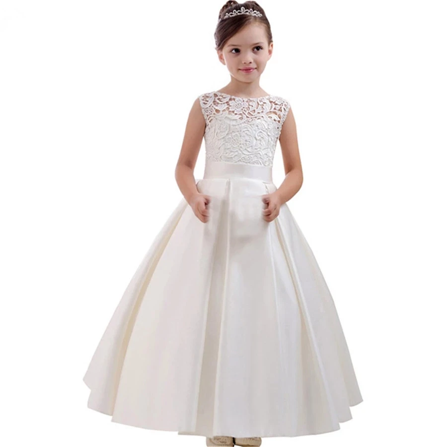 

White Flower Girl Dresses Satin Lace Applique Sleeveless O-Neck Ball Gown Girls Wedding First Holy Communion Party Dresses
