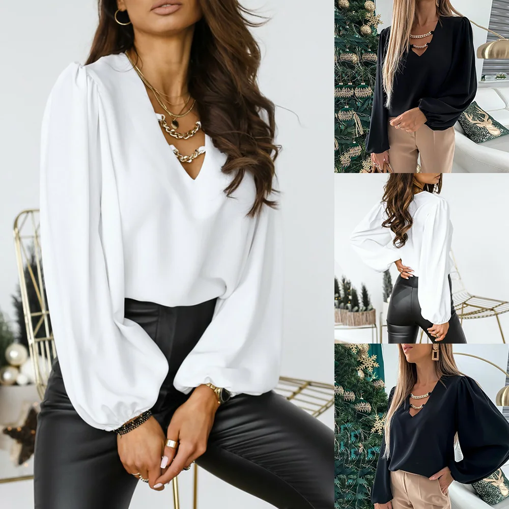

Sales Sexy Solid Color Metal Chain Deep V-neck Women Blouse Lantern Sleeve 2021 Spring Elegant Satin Shirt Casual Tops D30