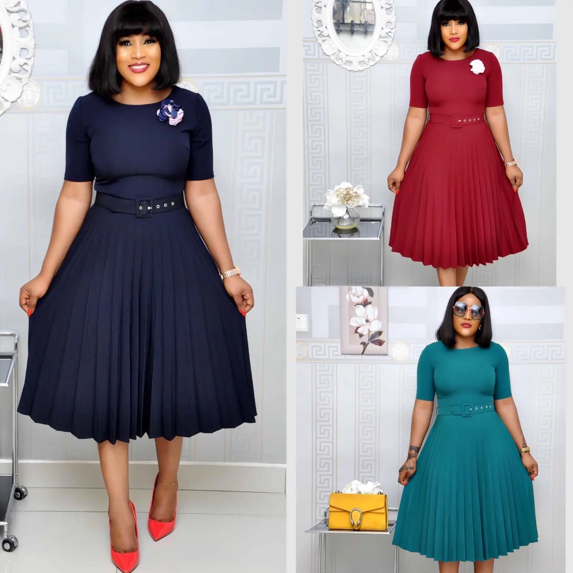 

2020 Summer Hot Sale European American Style Plus Size Round Neck Mother's Dress Pleated Skirt With Belt For Women