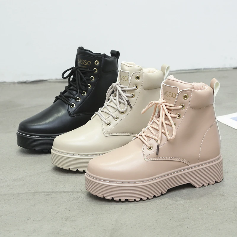 

2021 New Platform Women's Boots Female PU Leather Lace-Up Round Toe Lady Booties Autumn Winter Chunky Spole Shoes Botas Mujer