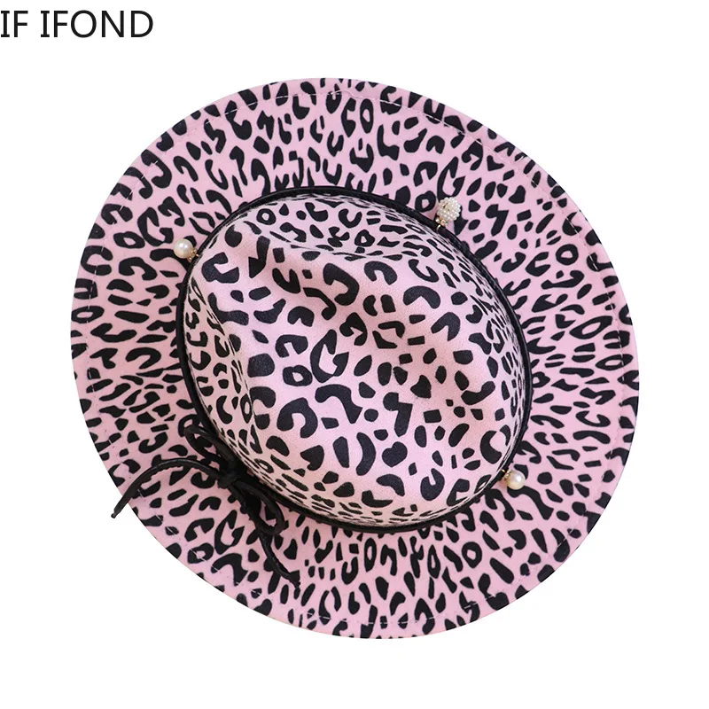 Модный Леопардовый принт Шляпа с широкими полями шляпы-федора шляпа винтажное