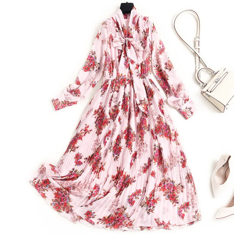 

Korean 2021 Spring Women High End Temperament Bow Tie Collar Long Sleeves Floral Print Elastic Waist Pleated Maxi Chiffon Dress