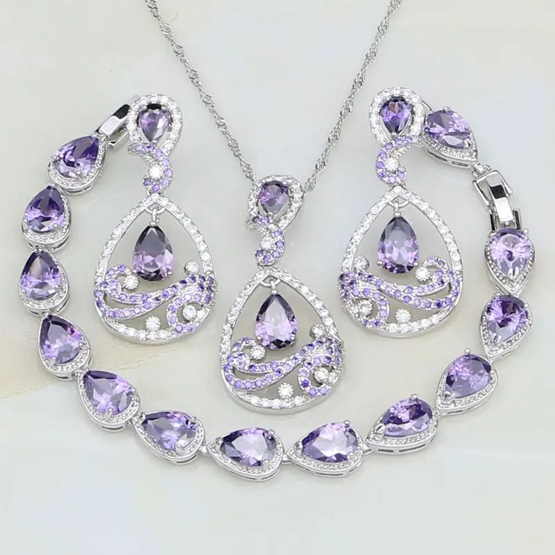 

Purple Cubic Zirconia White Crystal 925 Sterling Silver Jewelry Sets For Women Stud Earrings/Pendant/Necklace/Bracelet