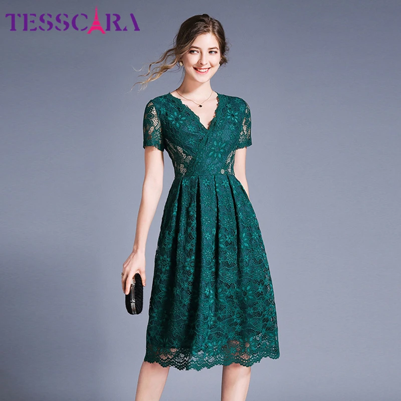 Женское кружевное платье TESSCARA зеленое с треугольным вырезом для офиса на