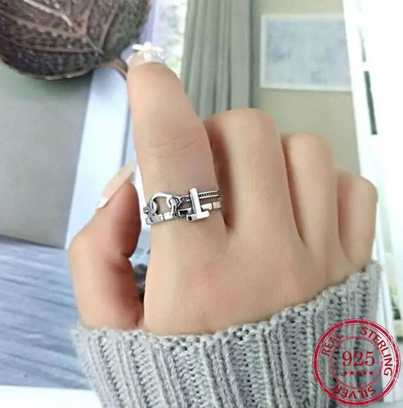 S925 925 Sterling Silver Women's Korean Ring T-shaped Letter Opening Adjust Vintage Thai Diamond Rings Jewelry for Women | Украшения и