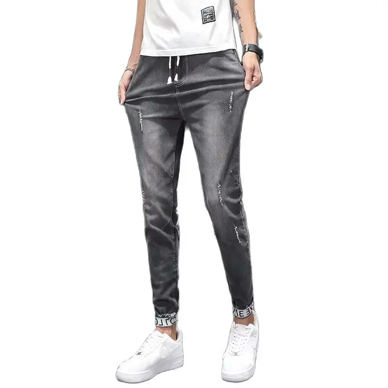 

Джинсы-карго мужские рваные, Стрейчевые брюки-карандаш из денима, брюки в Корейском стиле для подростков, весна 2021