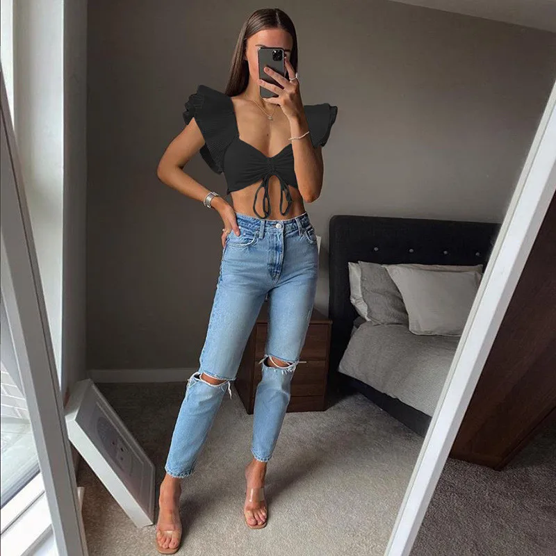 Винтажные топы на завязках с оборками 2020 женская футболка блуза рукавом бабочкой