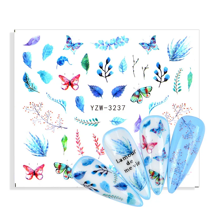 

1pcs Blue Leaves Flower Nail Water Sticker Leaf Butterfly Abstract Image Transfer Sliders Decals Nail Art Decoration Foil
