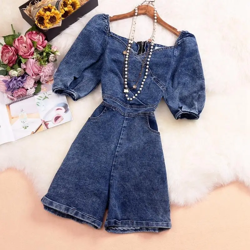 

2020 Summer New Arrival V Neck Women Jumpsuits Korean V Neck Puff Short Sleeve Female Shirts Pockets Denim Bodysuits