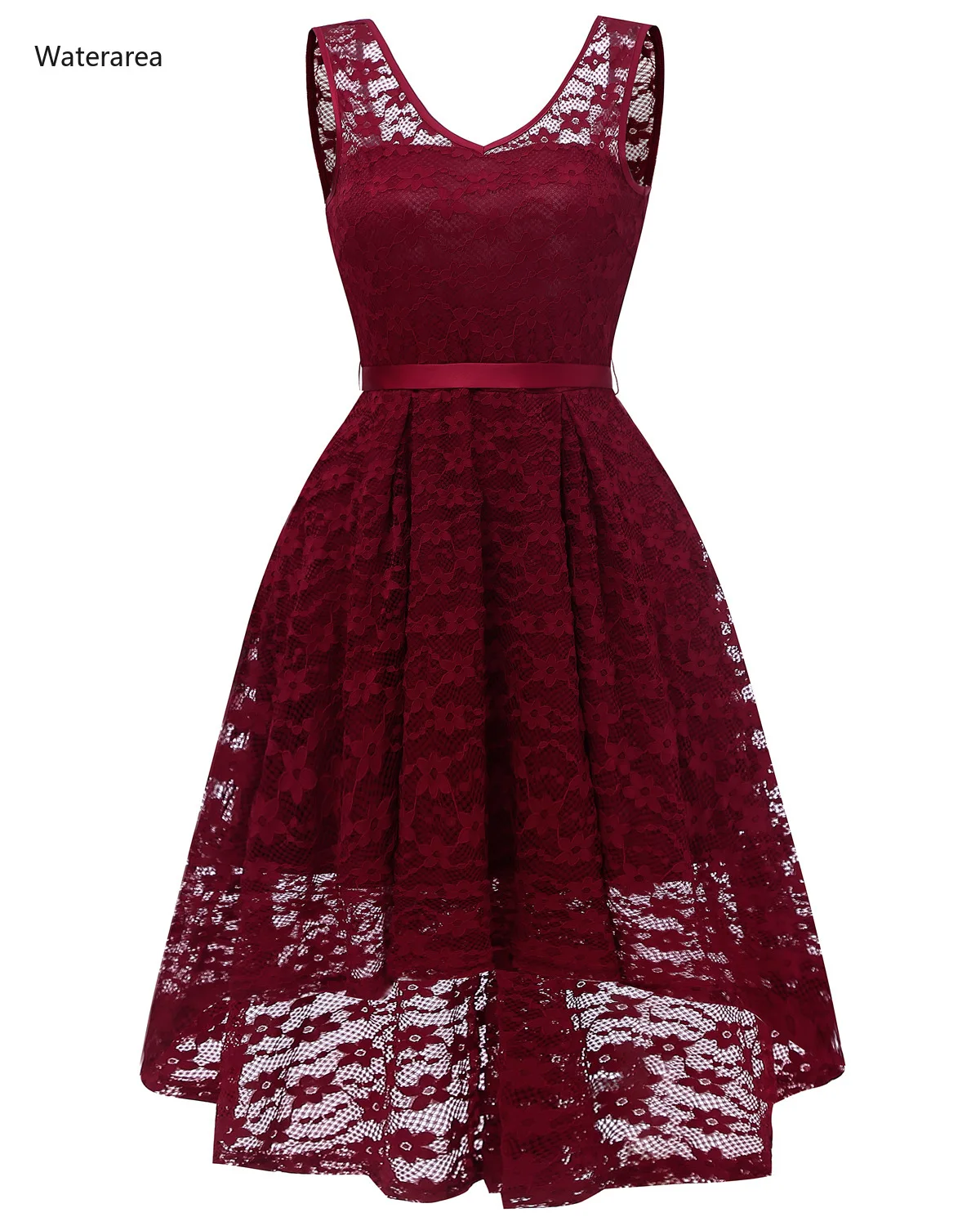 Бордовое платье без рукавов с цветочным кружевом и v образным вырезом длинное