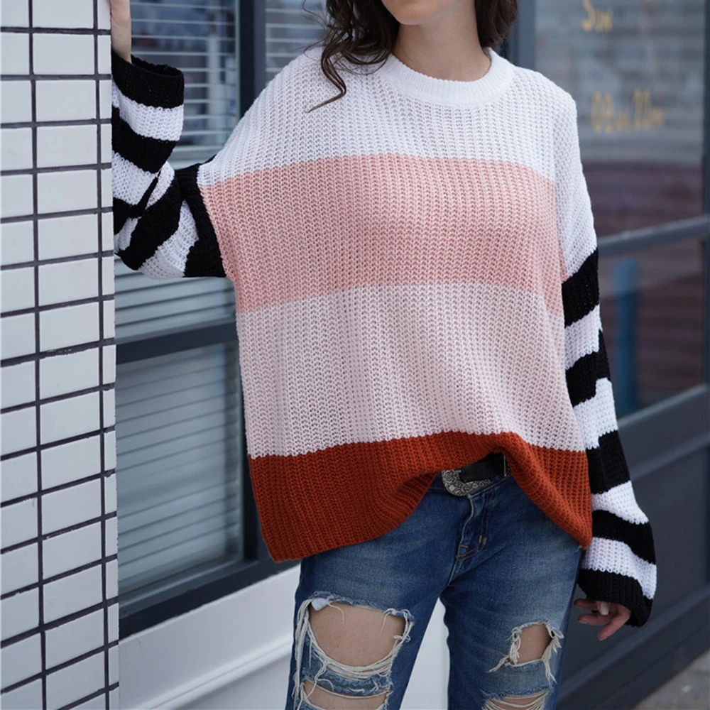 Осенне-зимний вязаный свитер в полоску женские свитера и пуловеры стиле пэчворк