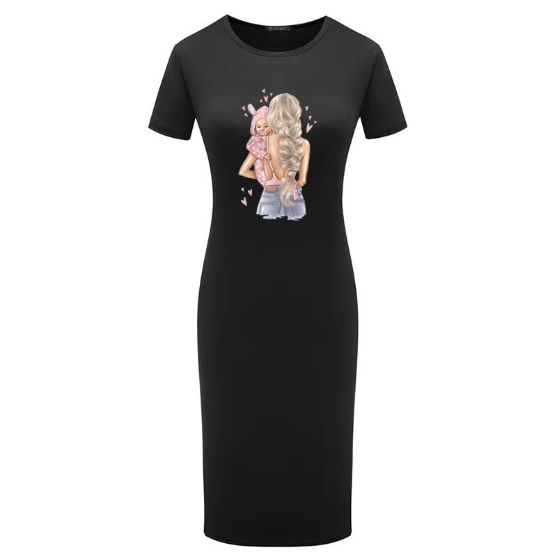 

Mom Baby Printing Plus Size Women Dress Bodycon Elegant Party Short Sleeve Summer Pencil Midi Dress Vintage Streetwear Vestidos