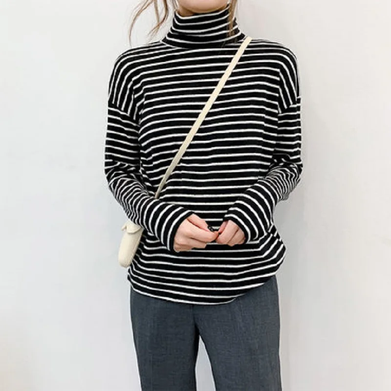 Осенняя Винтажная футболка в полоску с высоким воротником и длинным рукавом