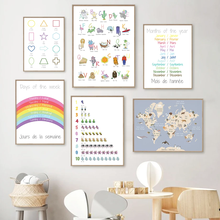 

English French Bilingua Color Alphabet World Map Wall Art Canvas Nordic Posters And Prints Wall Picture Kids Room DecorPainting