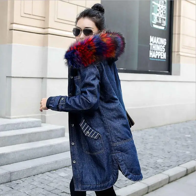 Женская зимняя Толстая джинсовая куртка с воротником из искусственного меха, длинная джинсовая куртка с капюшоном, женская теплая шерстяная джинсовая куртка, ветровка, большие размеры 5XL - Цвет: Flower fur