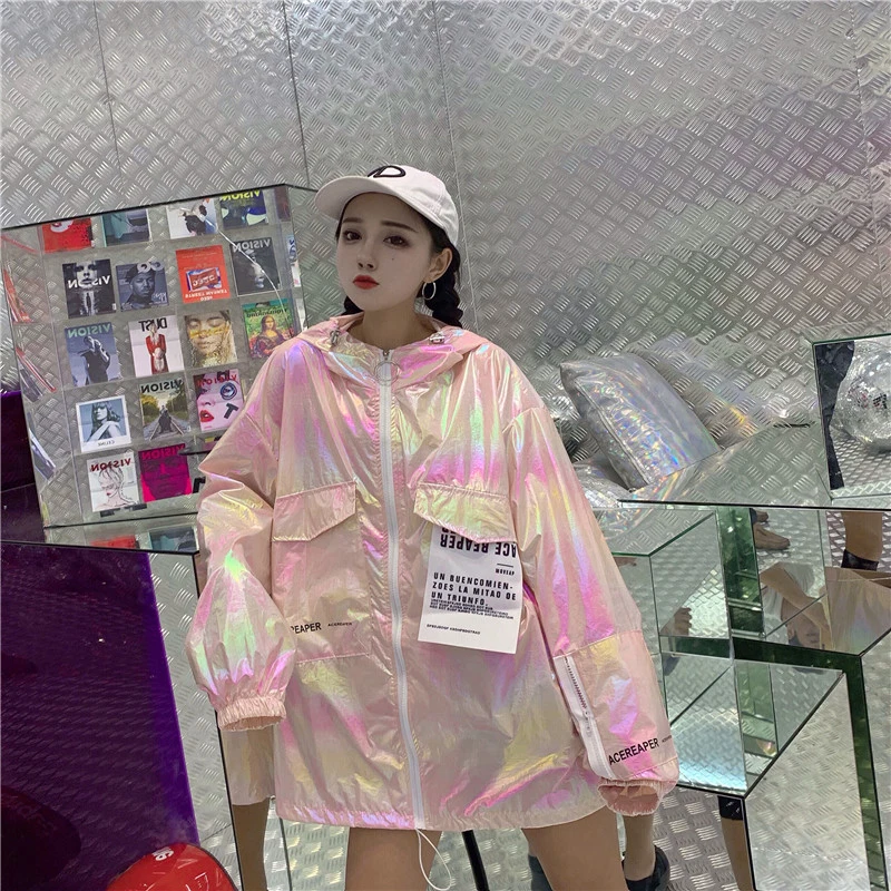 Куртка женская флуоресцентная тонкая с капюшоном уличная одежда в стиле хип хоп