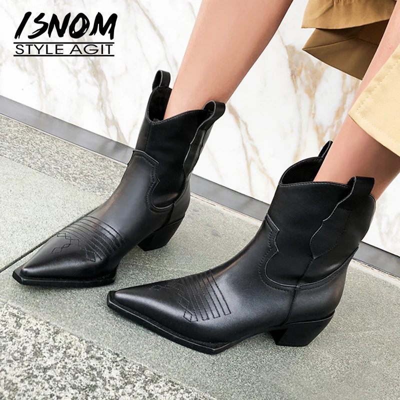 

ISNOM Women Spring&Summer Western Ankle Boots Cowboy Pure Fashionable Pointed Toe Zipper Thick Heels Lady Cuban Shoes F8039