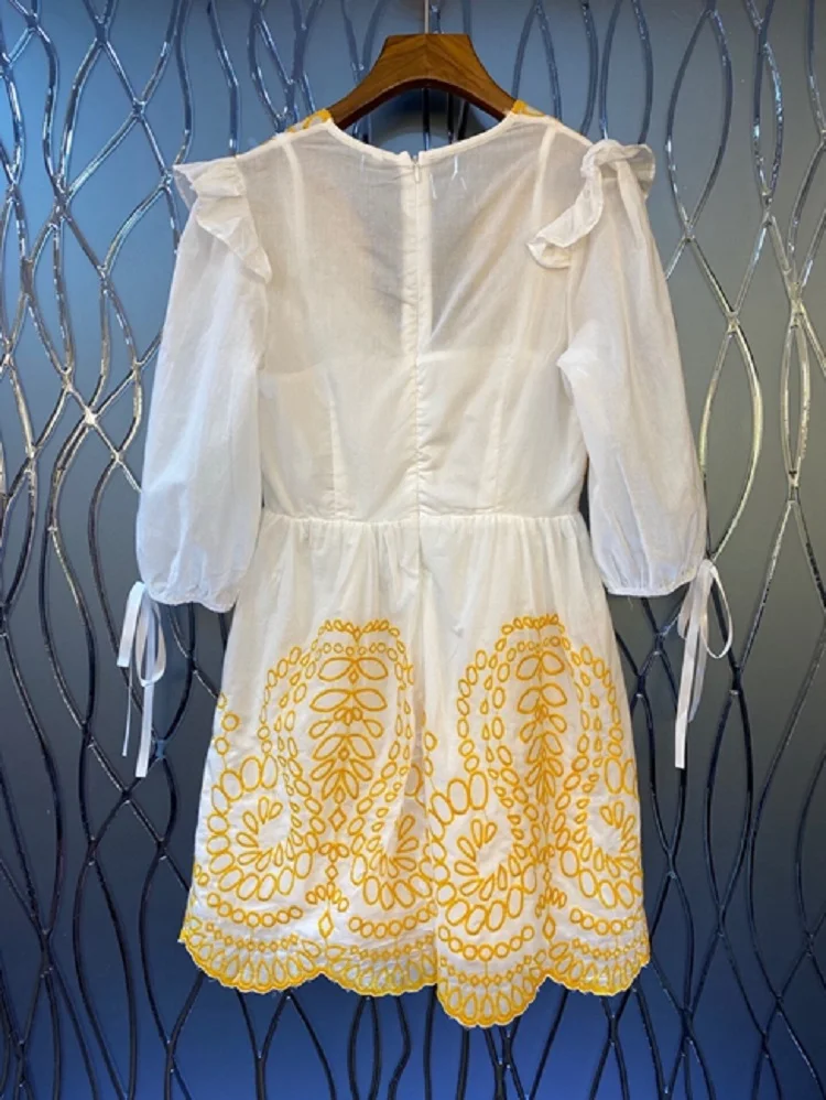 

New 2020 Summer Fashion Club Ladies Sexy V-Neck Color Block Yellow Embroidery String Deco Casual White Dress Mini