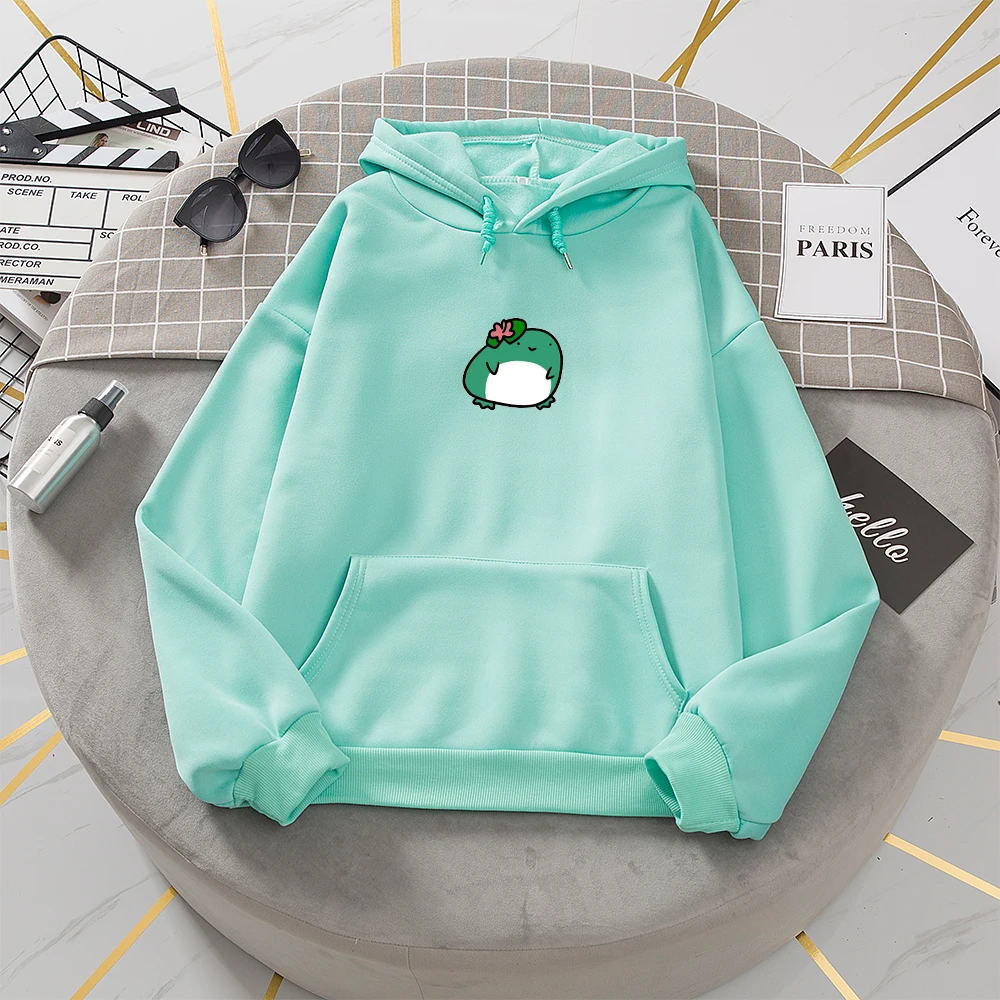 Oversize Sweatshirt with Hooded Sweatshirts Ladies Hoodies Vintage Winter Sweetshirt Cute Lotus Frog Print Harajuku Goth Clothes