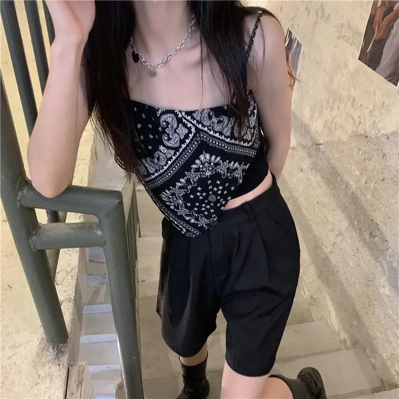 

Vintage Sexy Black Crop Top 2021 Summer Super-short Slim Women Strap Top New Designer Patchwork Korean Fashion Clothing Party