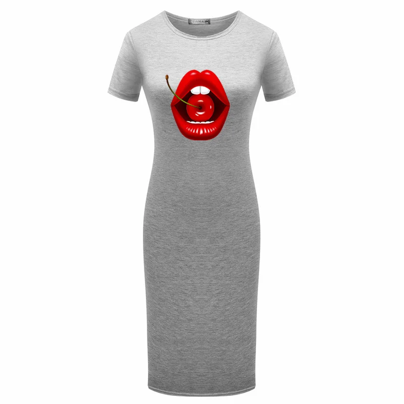 

Fashion Sexy Red Lips Print Short Sleeve o Neck Cotton Women Casual Bodycon Sexy Dresses Elegant Party Pencil Plus Size Vestidos