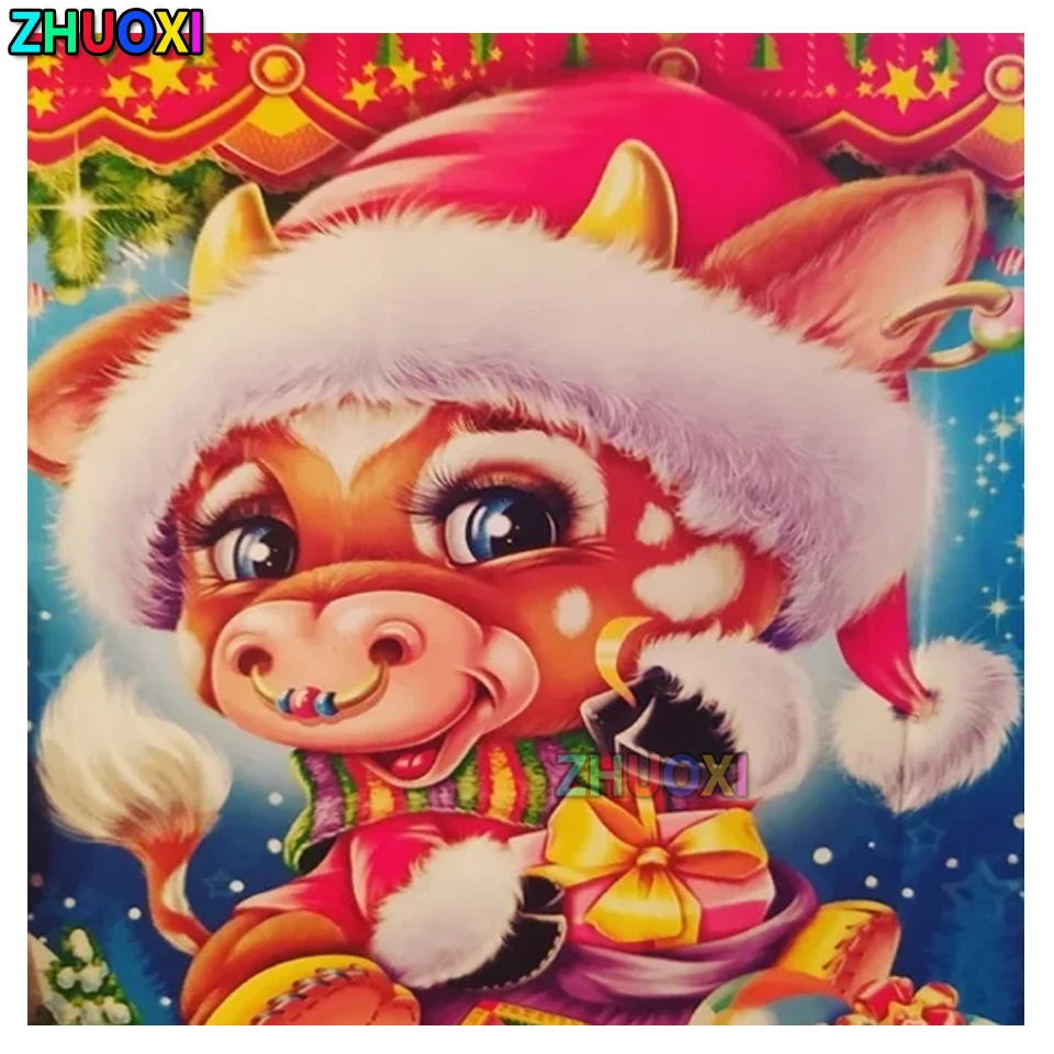 

5D Diy Diamond Painting Cartoon christmas cow Embroidery Cross Stitch Kits Full Round Square Drill Mosaic Pictures Home Decor