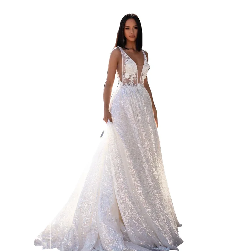 

2021 New white Lace Wedding Dress V-Neck Short Sexy Sleev robe Sleeveless Backless Bridal Low Gown Low Chest