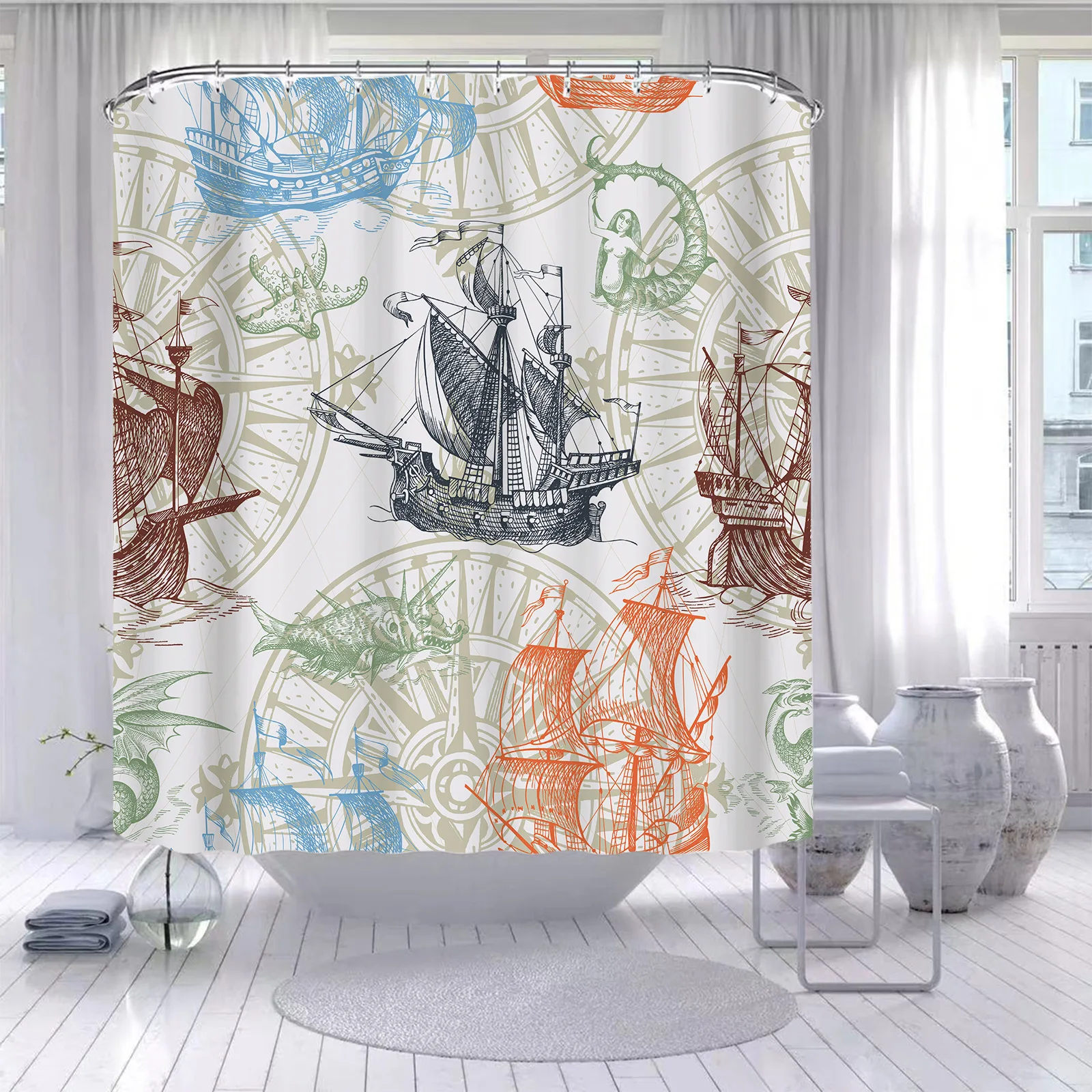

YOOLOV New Vintage Pirates Ship Waterproof Shower Curtain Painting Retro Plants Printed Polyester Bath Bathroom Decoration 2022